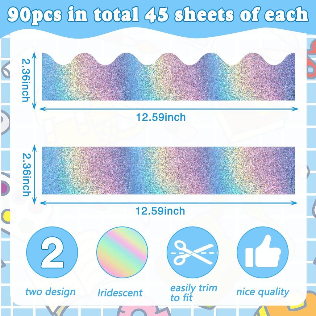 Gueevin 90 Pcs Iridescent Bulletin Board Borders Classroom Decor Iridescent Straight Rolled Border Trim Bulletin Borders for Teacher Students
