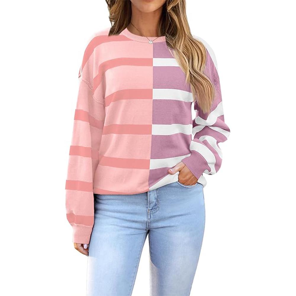 Женский полосатый свитер оверсайз 2025 с круглым вырезом и длинным рукавом, трикотажный свободный свитер с цветными блоками, повседневный топ