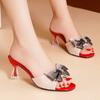 Women Fashion Summer Crystal Sandals Rhinestone Bow Tie Heel Open Toe Shoes Designer Square Slippers Slip On Ladies Beach Slides