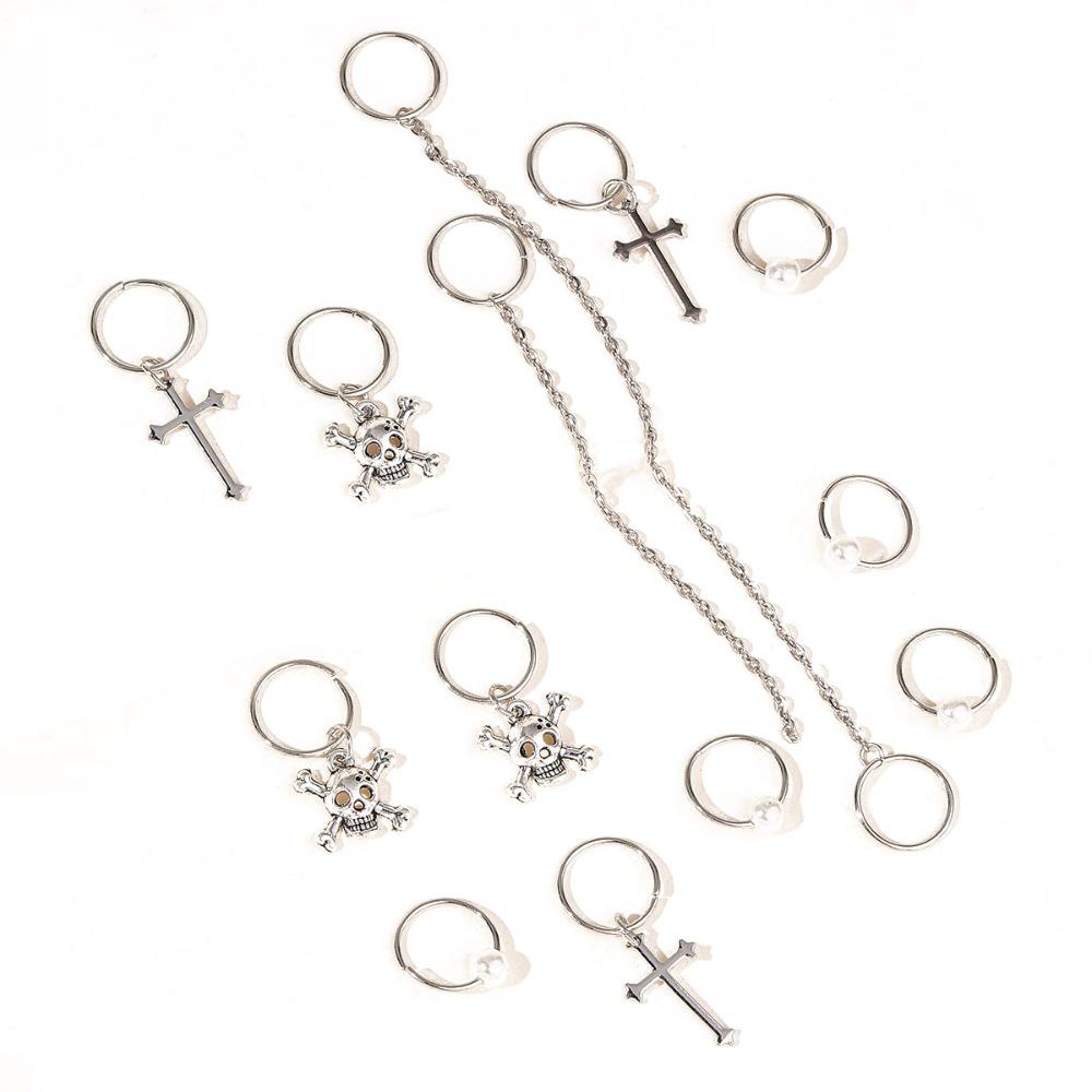 13pcs Cross Skull Dreadlocks Beads Metal Cuff Clips Hair Braid Tubes Mixed Hair Rings Set Men