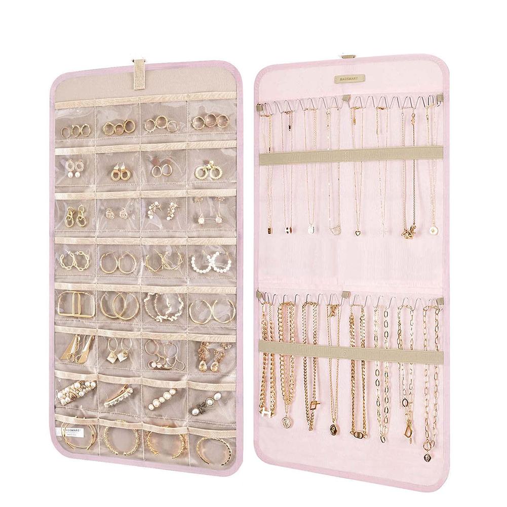 Hanging Jewelry Organizer Travel Jewelry Roll-Up Box For Wardrobe Wall Doors Holds Necklaces Earrings Rings Brooches And More