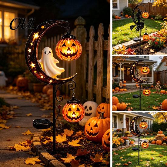 Decorative Metal Yard Stakes Solar Halloween Garden Stake Light, Auto On/Off Crescent Moon Black Cat with Hanging Spooky Outdoor Patio Accents Pumpkin