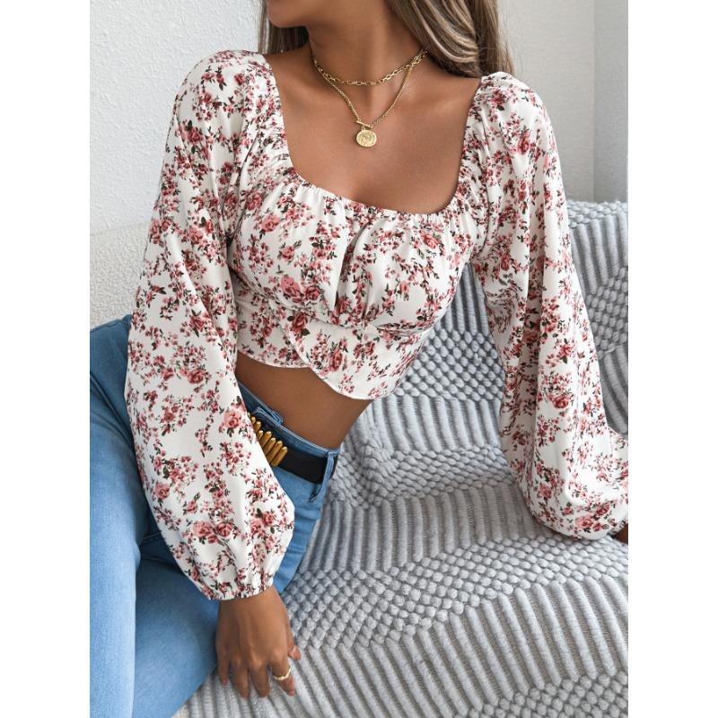 Ранняя осень, цветочный, рукав-фонарик, завязка, приталенная талия, кроп-топ для женщин