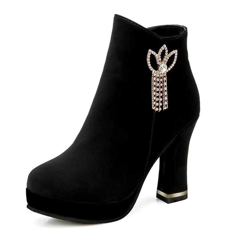 Fashion Sexy Fashion Women Rhinestone Thick Heeled Platform Short Boot Autumn Winter 2025 New High-heeled Ankle Boots Fashion Round Head