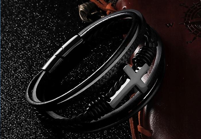 Men's Black Leather Bracelet Braided Silver Cross Surgical Steel