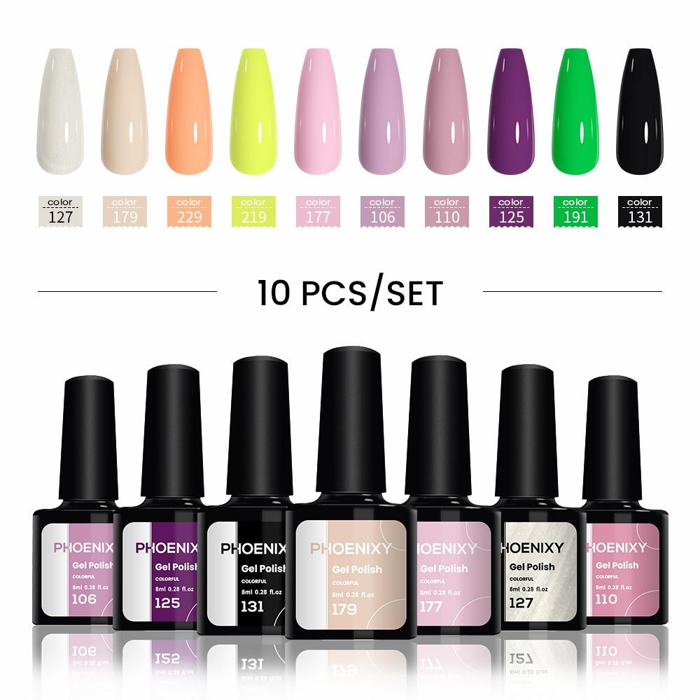 PHOENIXY Набор гель-лаков 10 цветов Soak Off Гель-набор с чистым цветом для дизайна ногтей Стартовый набор для начинающих для самостоятельного маникюра дома