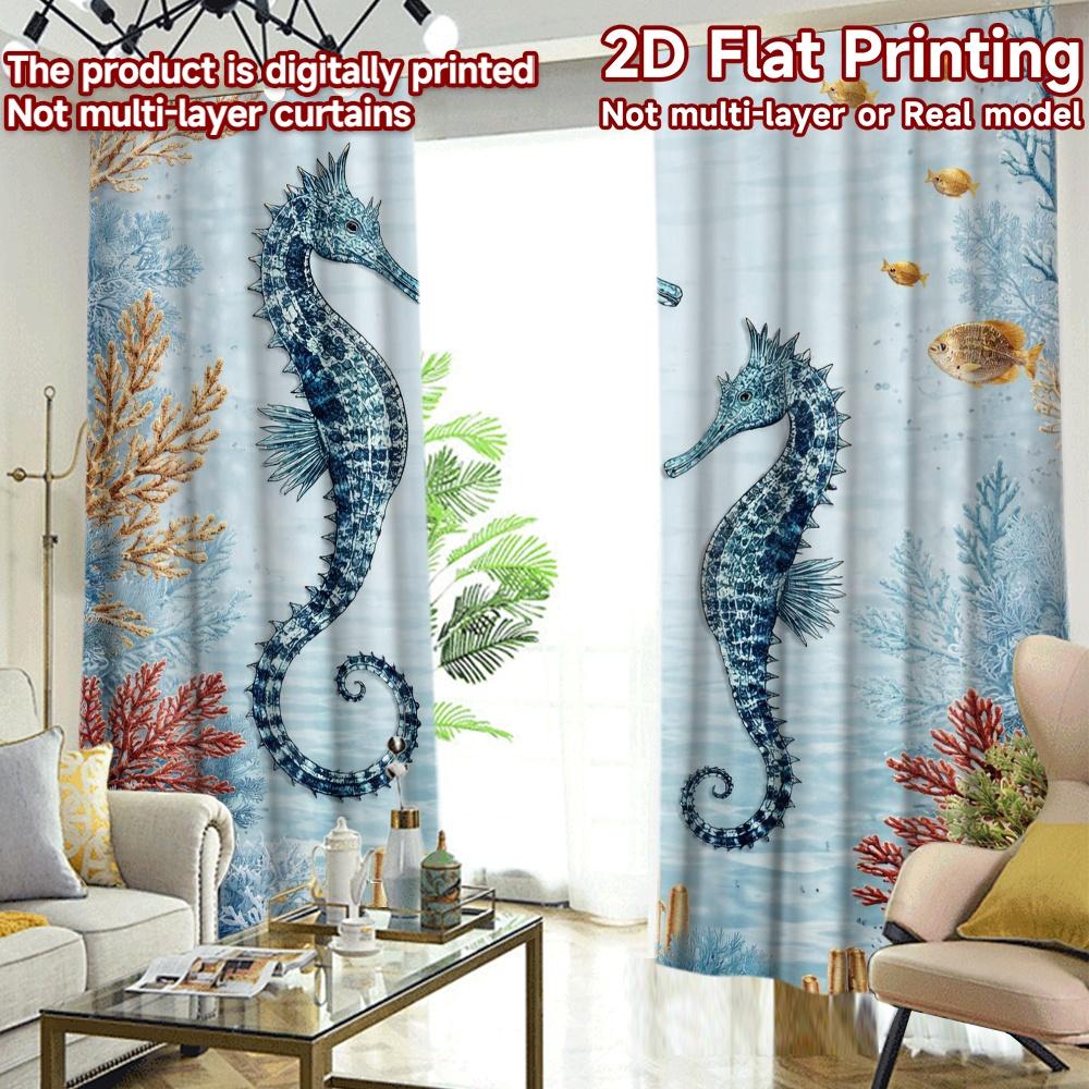 2D FLAT PRINTING 2pcs Curtains (Without Rod) Two Seahorses in Coral Chic Curtains&Window Treatment Versatile Polyester Fabric