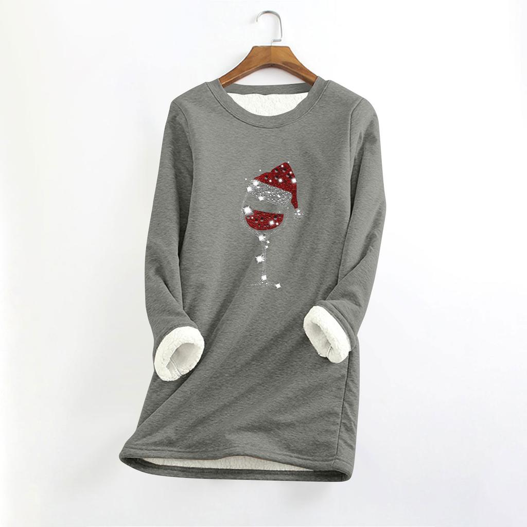 Женский круглый вырез с длинным рукавом и рождественским принтом, утолщенный плюшевый кашемировый теплый длинный топ