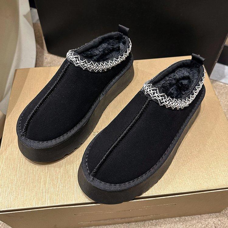 Этнический стиль толстоподошвочные пушистые тапочки женские 2025 новые мех интегрированный ленивый мешок голова полу-носок Tats угги