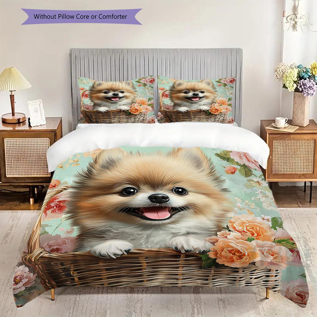 Pomeranian Pattern Bedding Quilt Set Quilt Cover Pillowcase Home Decoration Birthday Gift (1 * duvet cover + 2 * pillowcase, without core)