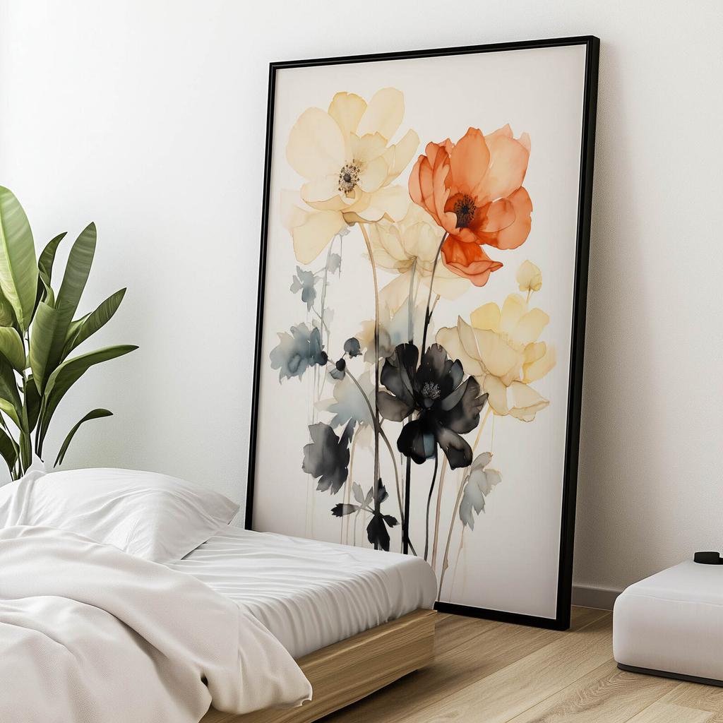 Kwiatowa Symfonia W Akwareli Kwiatowa Symfonia W Akwareli, 30X40 Cm, Rama Aluminiowa Czarna, Papier Matowy 230 Gsm