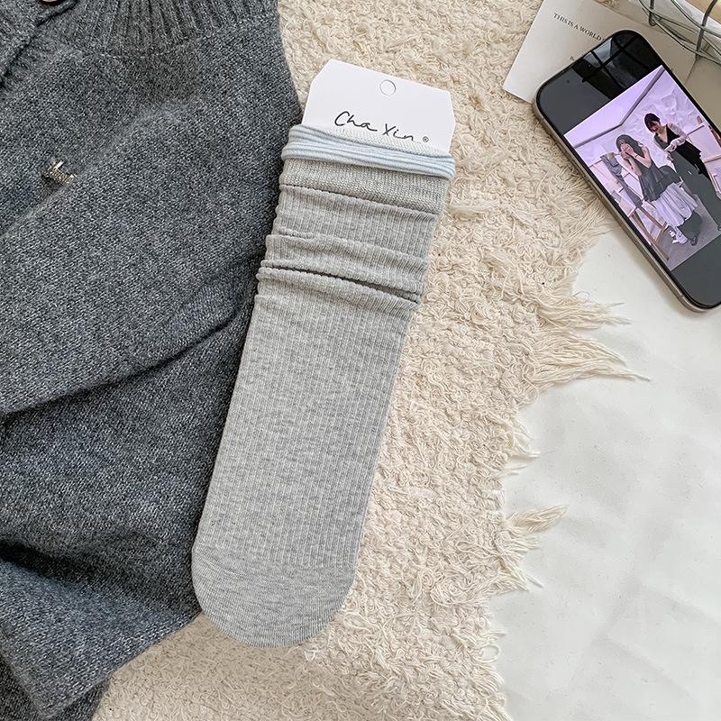 Женские носки в японском стиле в рубчик с полосками, средней длины, серая пэчворк, имитация двух пар, для весны/осени, универсальные, девичья мода