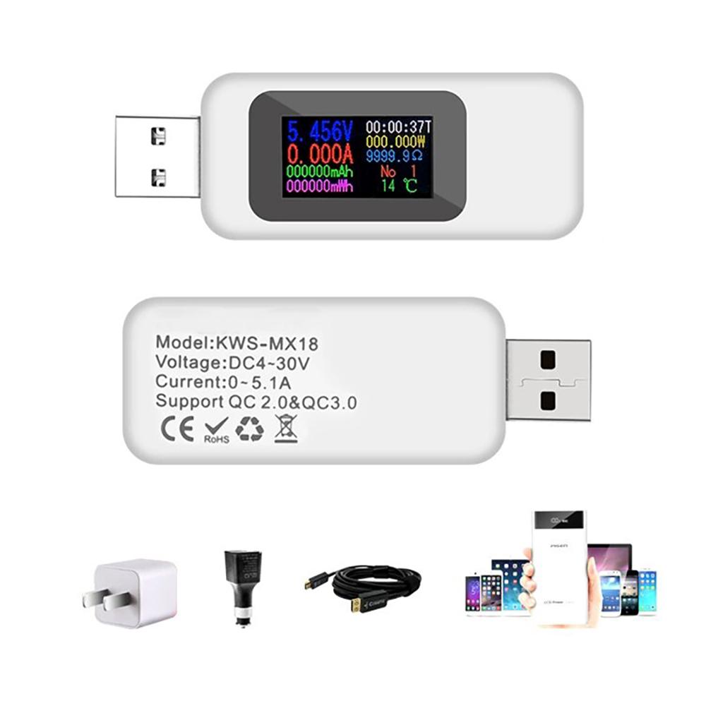 1 шт. MX18, черный/белый, 4-30 В, 0-5,1 А, цветной дисплей IPS, USB-тестер, мультиметр, поддержка QC2.0 QC3.0, USB 3,0, детектор напряжения, тока и мощности