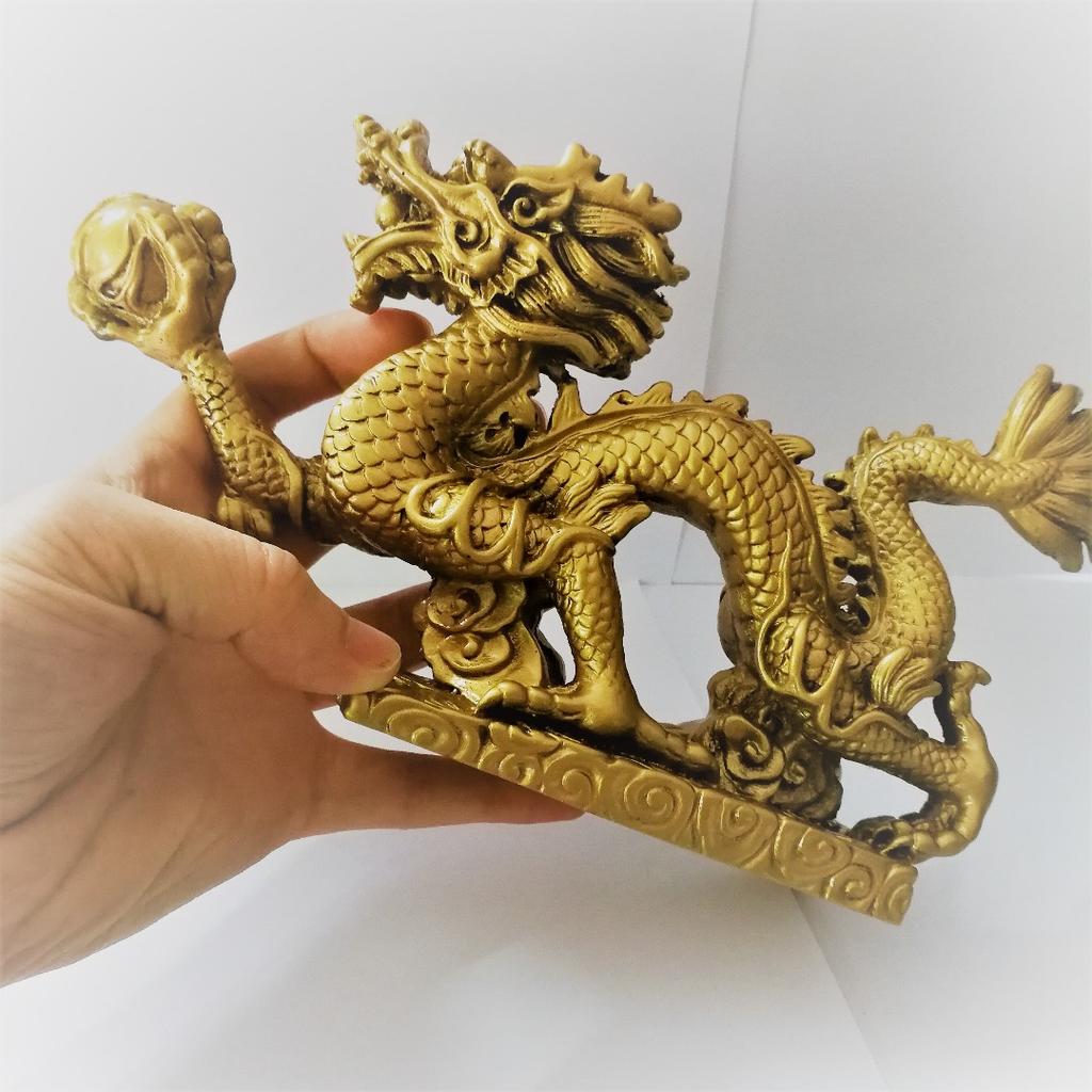 Copper Dragon Figurine Holding a Ball Chinese Feng Shui Good Luck Amulet