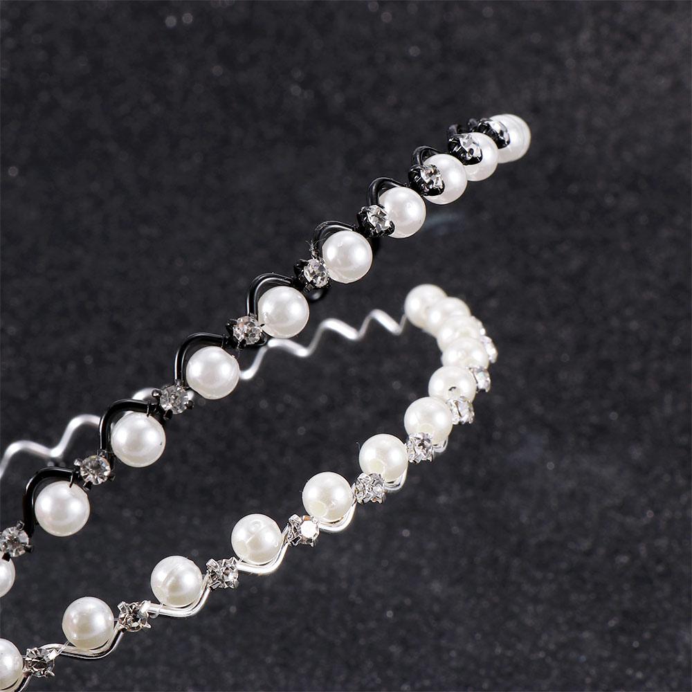 Jewelry Hair Band Head Chain Metal Pearl Crystal Wave Hairband for Women Headwear Black Silver