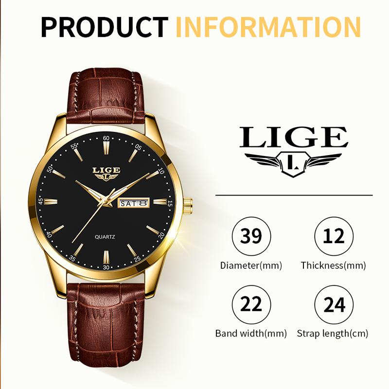 LIGE Лучший бренд, мужские кожаные деловые часы с датой, водонепроницаемые светящиеся часы, мужские роскошные спортивные водонепроницаемые кварцевые наручные часы