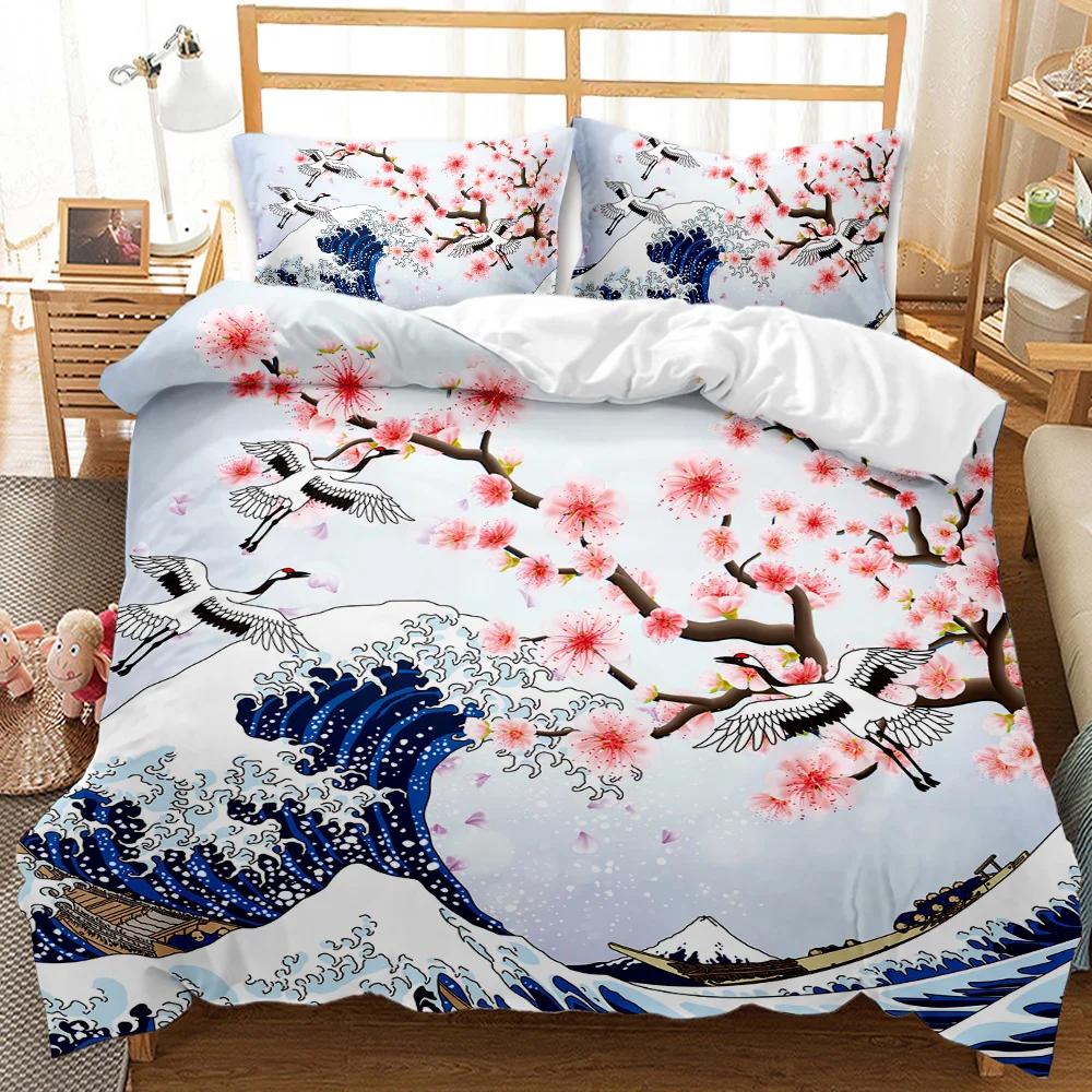 National Trend Duvet Cover Set Cherry Blossoms Crane Printed Bedding Set Sea Waves Down Traditional Retro Polyester Quilt Cover