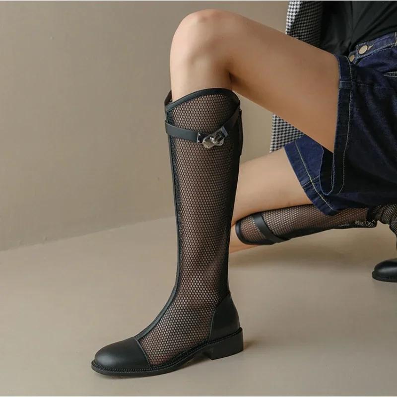 Female Summer Knee-high Mesh High Boots Women V-mouth Breathable Mesh Knight Boots Thick Heel Hollow Long Cool Boots Botas Mujer