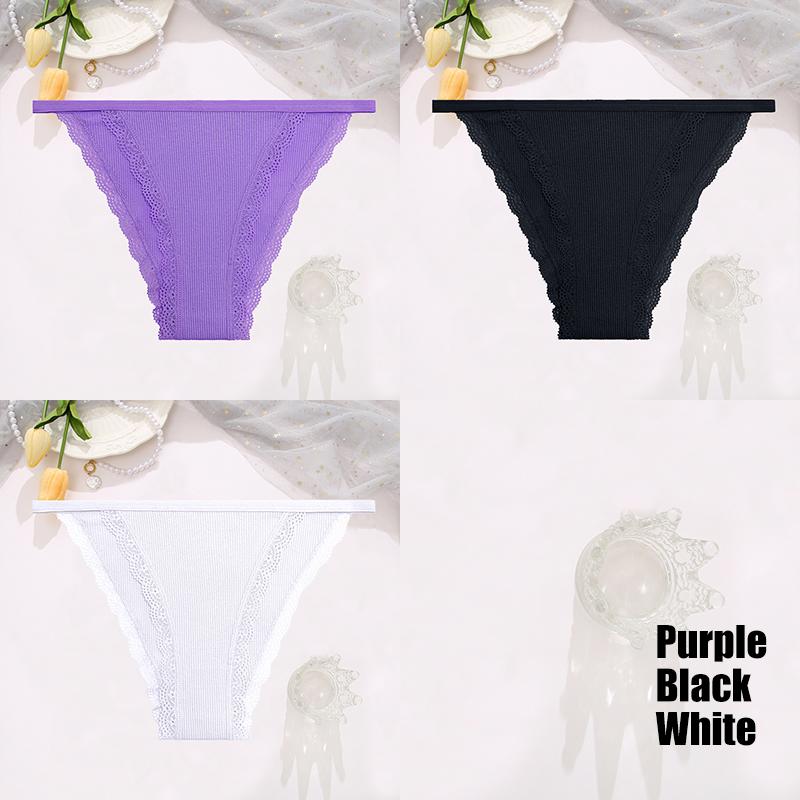 FINETOO 3Pcs/Set Sexy Lace Cotton Briefs Women Solid Comfortable Panties Female Soft Underwear Breathable Intimates Lingerie