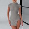 Split Dress Summer Short Sleeved High Neck Sexy Halter Temperament Bag Hip Dress