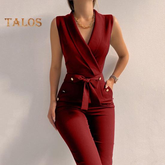 Летний женский комбинезон без рукавов с V-образным вырезом, облегающий, с пуговицами, на шнуровке, однотонный, с широкими штанинами, деловой, деловой, дорожный комбинезон