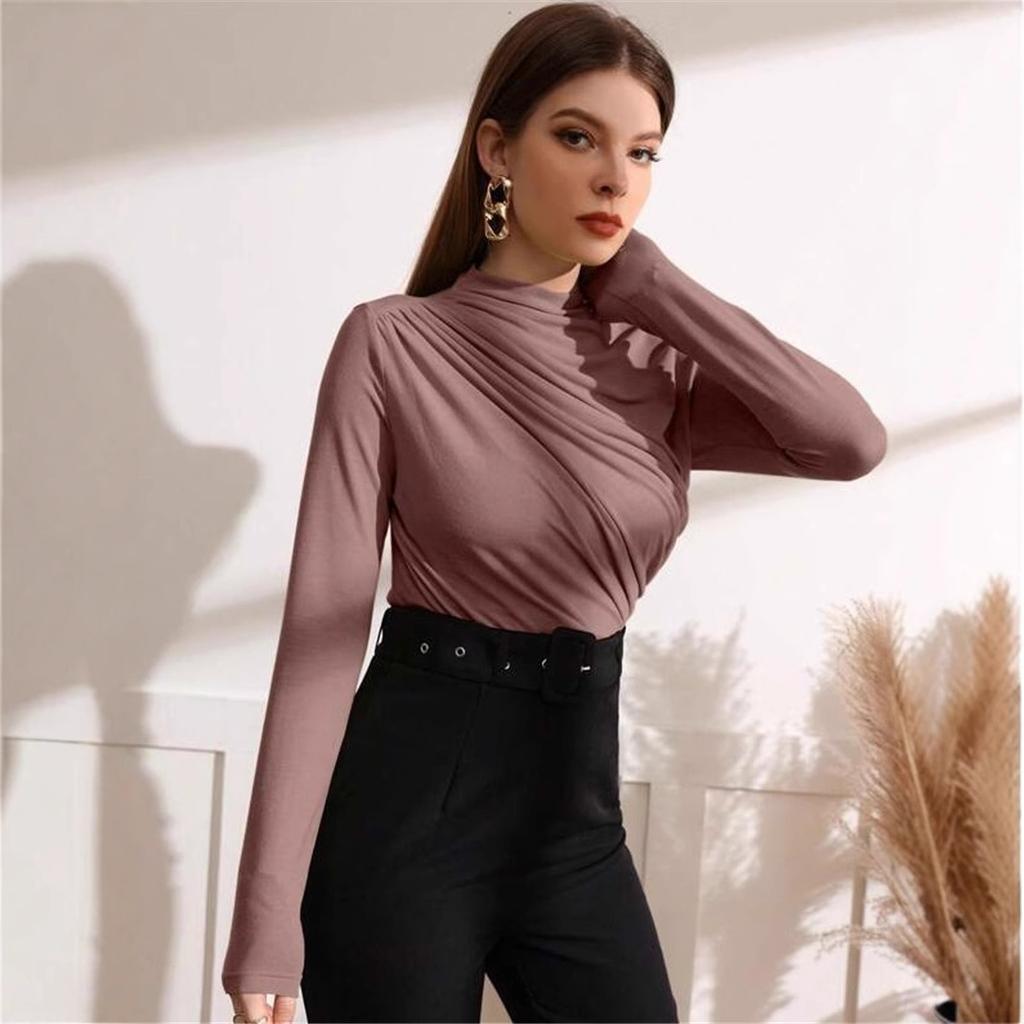 Women's Autumn and Winter Small High Neck Pumped Pleated Versatile Long-sleeved T-shirt