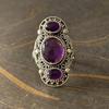 Кольцо с аметистом и драгоценными камнями Стерлинговое серебро 925 пробы Твердый фиолетовый 3 камня Массивные модные кольца для женщин Идея подарка Ювелирные изделия с драгоценными камнями 7,5 г приблизительно