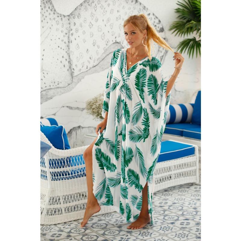 Plus Size Boho Cover Up, Women's Plus Painting Print Bat Sleeve V Neck Split Hem Maxi Cover Up Dress