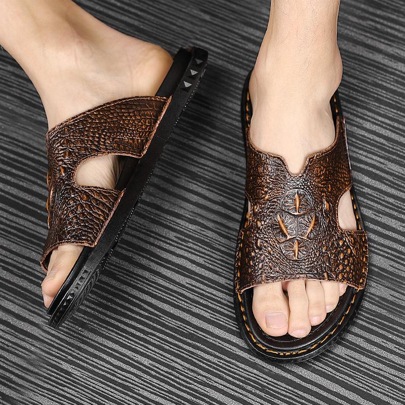 Genuine Leather Men Slippers Handmade Flip Flops Crocodile Grain Style Summer Men Casual Shoes Non-slip Outdoor Men Beach Shoes