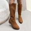 2025 Зимний Новый Стиль Женские Замшевые Сапоги до Колена на Низком Каблуке для Верховой Езды - Модные Сапоги с Острым Носком и Боковой Молнией