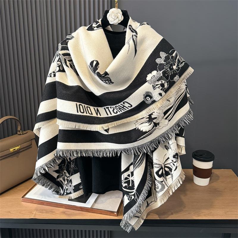 Autumn and Winter New Fashion Versatile Women's Imitation Cashmere Warm Scarf Wind Grotesque Plant Print Square Scarf Shawl