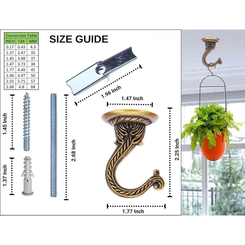 Сверхпрочные потолочные крючки из античной латуни для подвешивания растений, колокольчиков ветра, фонарей, гирлянд,  (Набор из 2 декоративных металлических настенных/потолочных кронштейнов)