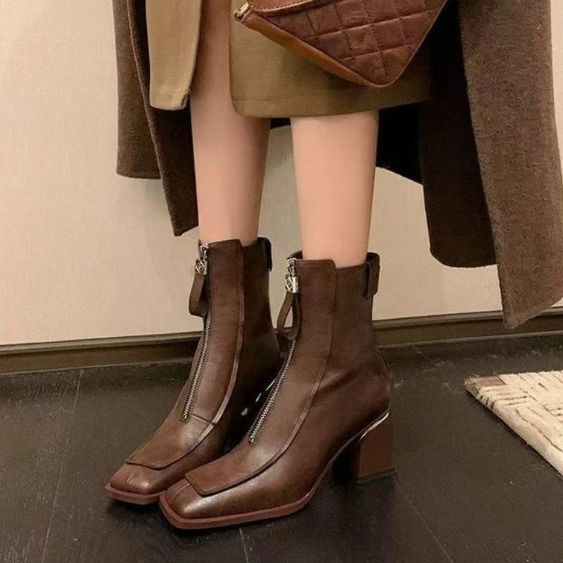 Fashion 2024 Retro Square Toe Women Ankle Boots Chunky Low Heel Short Booties Designer Cowboy Rubber Shoes Western Botines Mujer