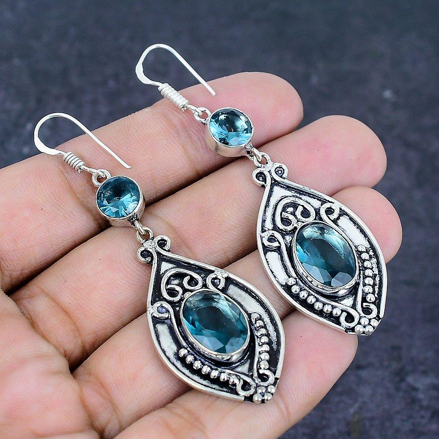 Натуральный камень ИОЛИТ КВАРЦ Ручная работа Серебро 925 пробы Серьга 2.76" D2i69