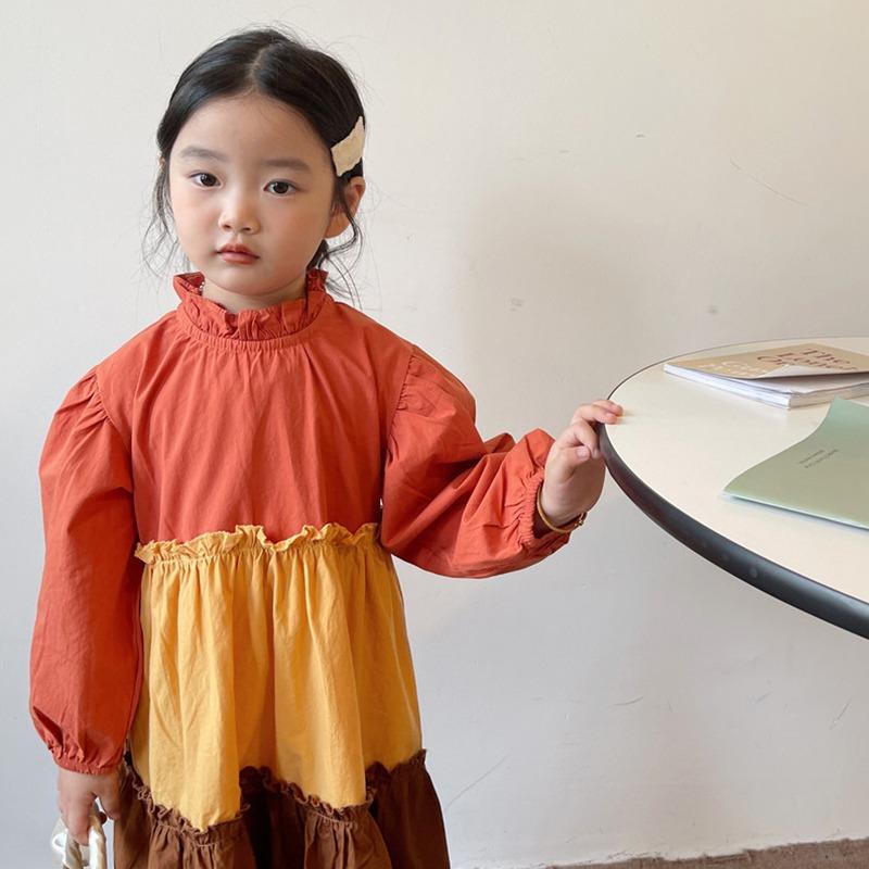 Платье с длинными рукавами для девочек, весна и осень, однотонное лоскутное платье