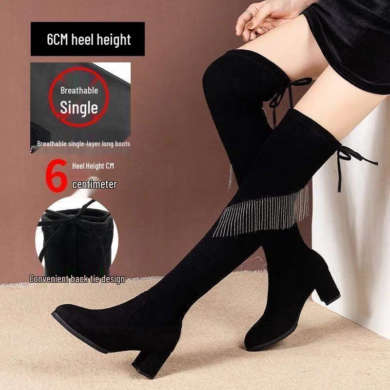 Женские замшевые ботфорты с кисточками из страз - Осень 2025 Облегающие ботинки на толстом каблуке с высоким голенищем