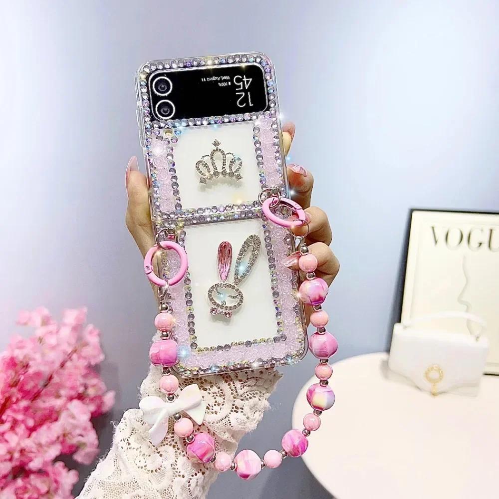 Портативный браслет из лазерных бусин и чехол для телефона с бриллиантовым бантом для Samsung Z Flip 5 4 3, Роскошный цветной чехол из прозрачного страза