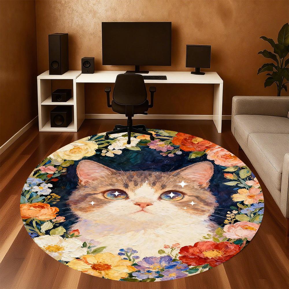 1pc cat flowers Round Chair mat office Area Rug - Non-Slip, Floor Mat for Office, Bedroom, and Indoor Decor p127027