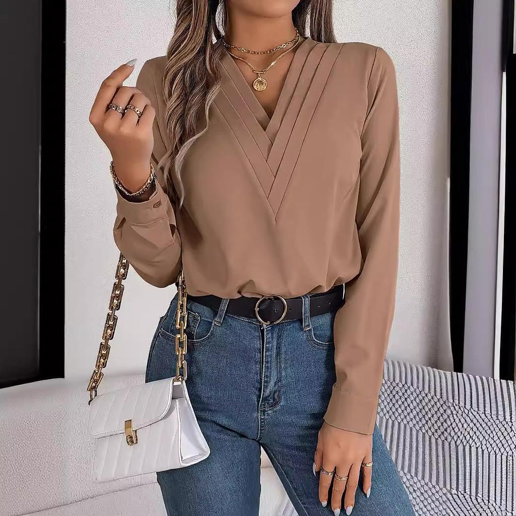 GMXIA Elegant Solid-color Layered V-neck Long-sleeved Women's Shirt for Autumn and Winter