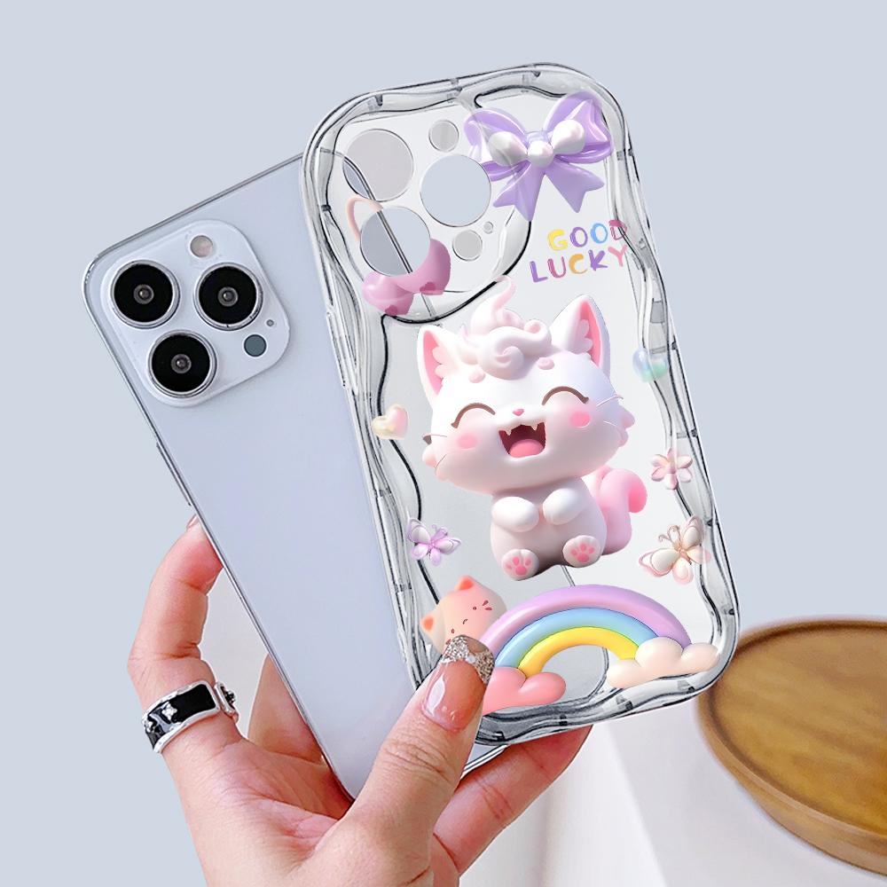 For iPhone 16 15 14 13 12 Samsung S24 S23 S22 A06 A13 A14 A15 A16 A55 Redmi Note 13 12 Lovely Cartoon Cat Pattern Soft Shockproof Wave Edge Phone Case