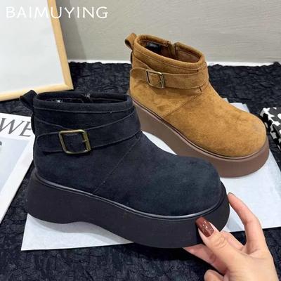Ботильоны женские на платформе из замши для снега, теплые туфли на плоской подошве, женские зимние трендовые брендовые готические кроссовки 2025 года, мотоциклетные ботинки Botas De Mujer