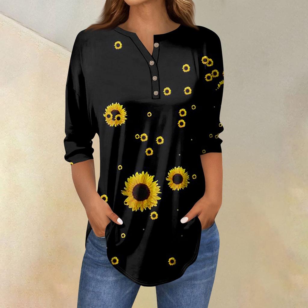 Рубашки с рукавом 3/4 для женщин, модные, повседневные, с круглым вырезом, с принтом, футболка, топ