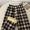 Women's High-Waisted Fleece-Lined Wool Plaid Wide-Leg Pants
