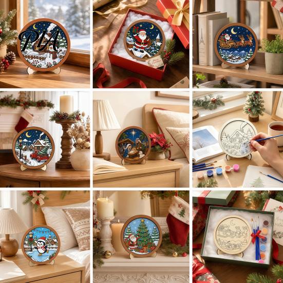 Wooden Christmas Table Decor Ornament DIY Coloring Kit, Kit with Stand, Paint Ornaments for Kids Strip And Brushes, Hand-Colored Holiday Decoration