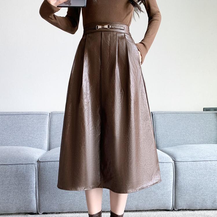 Dimanaf 2025 Новые Осенние Большие Размеры Длинные Женские ПУ Юбки Эластичная Талия Оверсайз Дама Элегантные Юбки с Завышенной Талией Однотонные