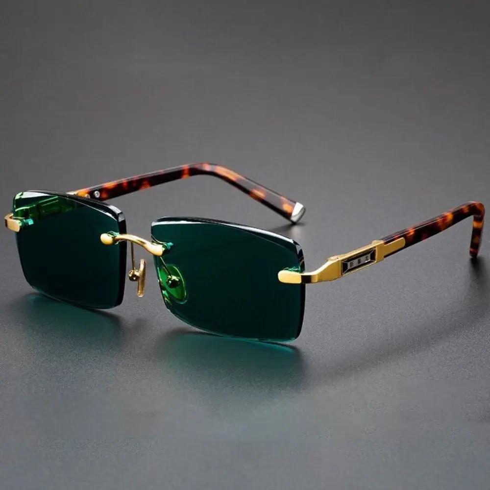 Retro Frameless Men'S Driving Sunglasses Green Crystal Stone Cycling Goggles Leopard Print Outdoor Sun Glasses Uv400 Eyewear