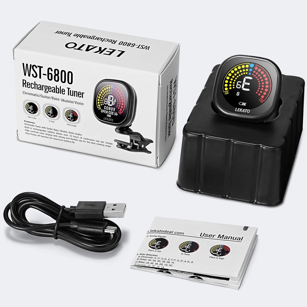 Тюнер для гитары, перезаряжаемый клипсовый тюнер для LEKATO, светодиодный цветной дисплей, идеально подходит для ежедневных занятий на гитаре/бас-гитаре, с защелкой