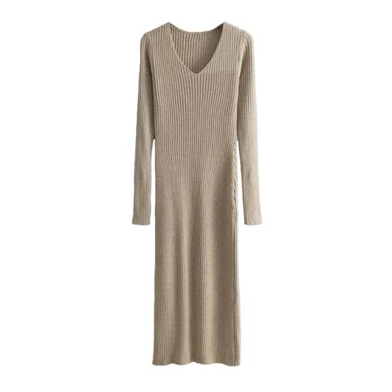 Женское платье-свитер осеннее с длинным рукавом, V-образным вырезом, в рубчик, с разрезом, длинное платье, повседневное облегающее платье миди
