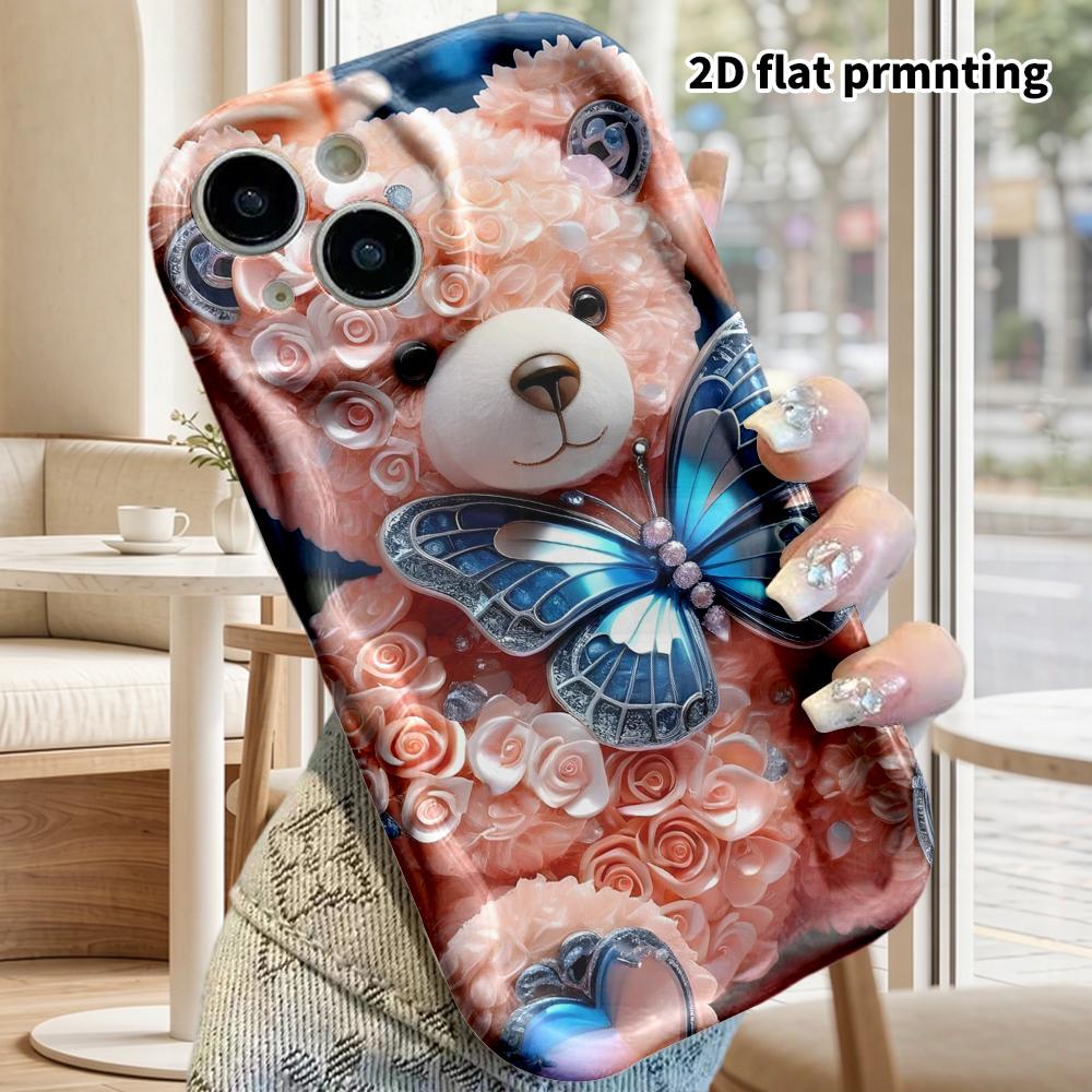 Phone Case: 2D flat design suitable for iPhone 18, 17, 16, 15, 14, 13 Pro protective cases, couple style, floral teddy bear, Christmas and Halloween g