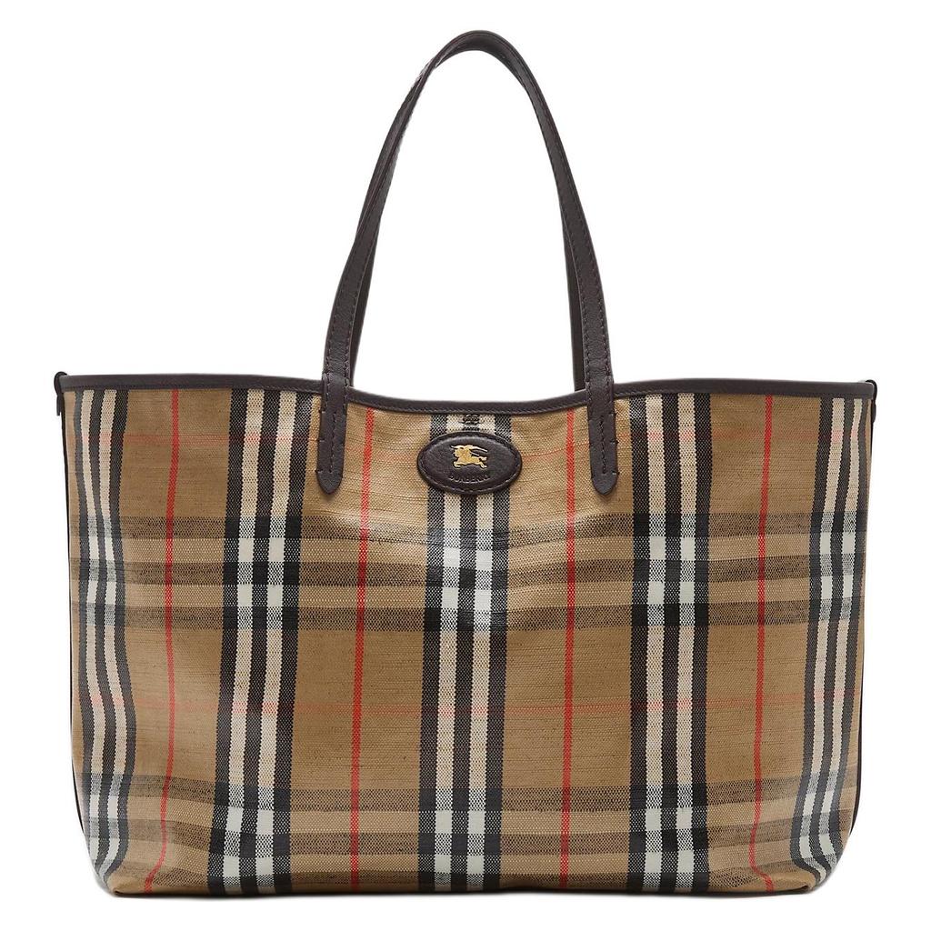 Burberry Большая холщовая сумка-тоут с кожаной отделкой и винтажной клеткой, с деталью в виде рыцаря на коне, для повседневного использования